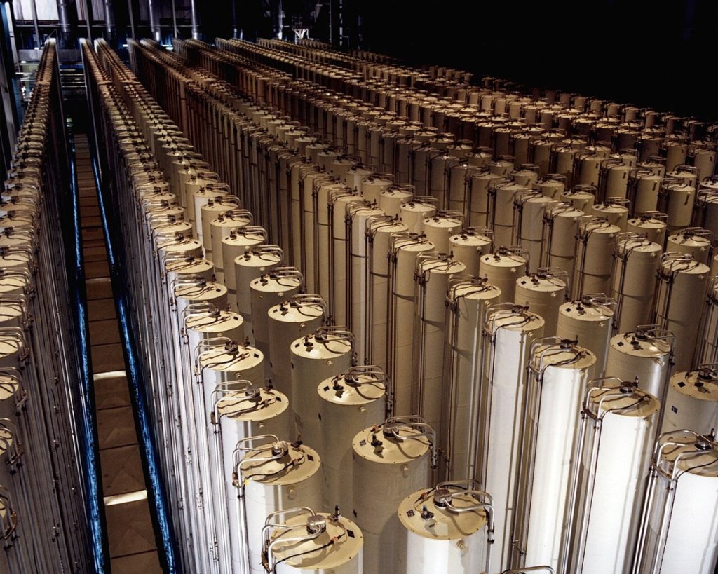 Rows of tall white gas centrifuges in the US enrichment plant at Piketon, Ohio, 1984