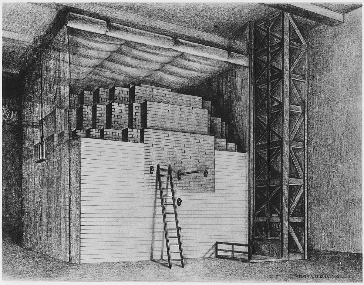 Drawing of Chicago Pile-1, the stacked graphite-block reactor built under Stagg Field in 1942