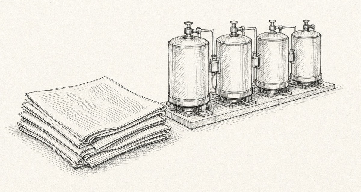 Pen-and-ink sketch of newspapers beside a row of centrifuges